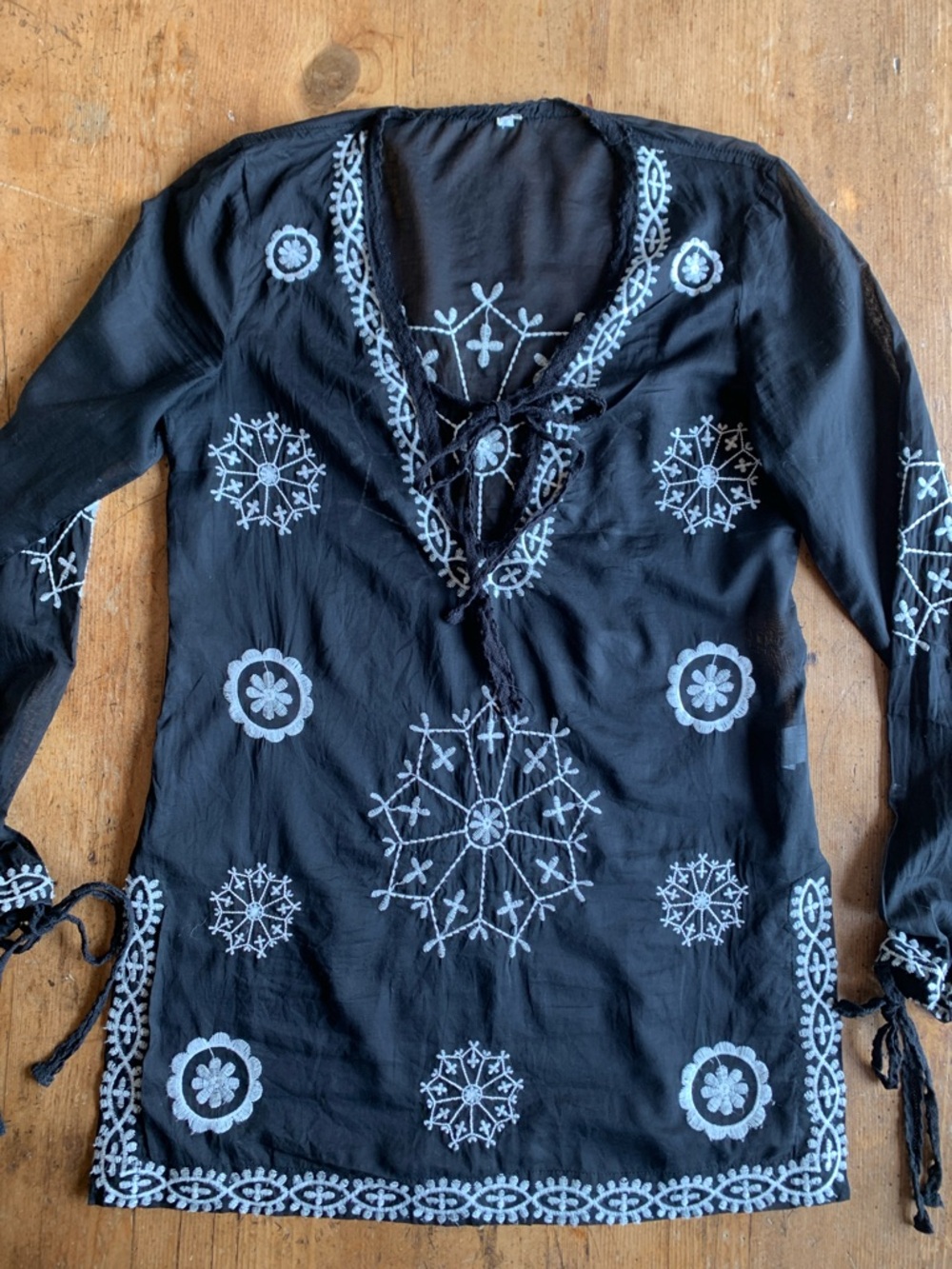 Black Embroidered V-Neck Tunic Blouse with White Motifs